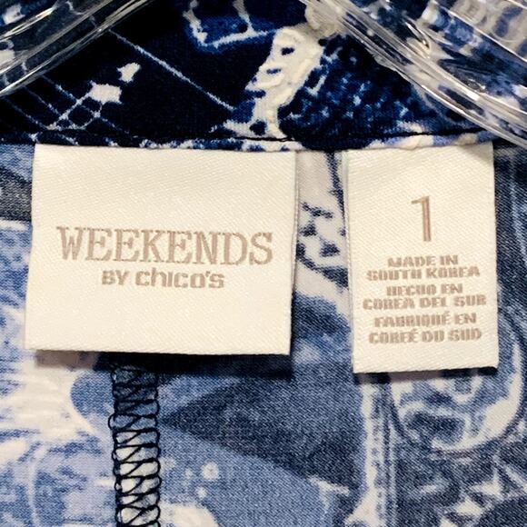 WEEKENDS By CHICO'S Zip Front Jacket Top Size 1 (M /8) Blue Print Band Collar - Picture 2 of 7